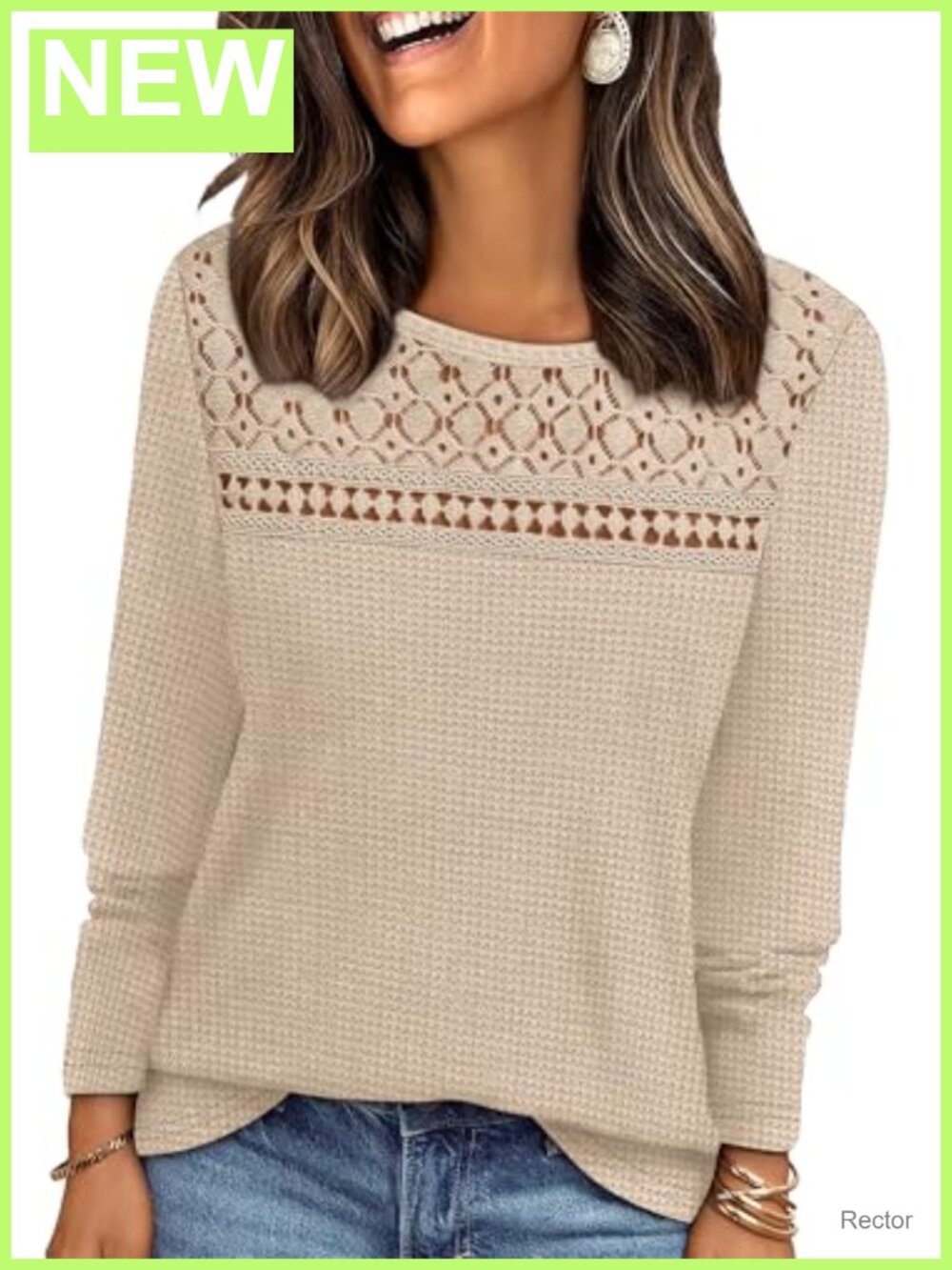 Women's Lace Long Sleeve Waffle Knit Blouse Loose Fit Dressy Casual Top